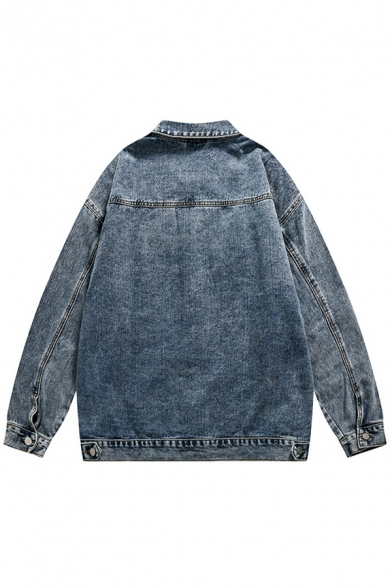 Boyish Guy's Pure Color Chest Pocket Point Collar Long Sleeves Relaxed Denim Jacket