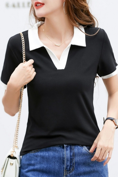Classic Ladies Color Block Short Sleeves Spread Collar Regular Fitted Polo Shirt