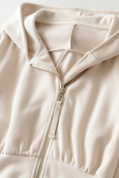 Girls Urban Solid Color Regular Long-Sleeved Hooded Drawstring Zip down Hoodie