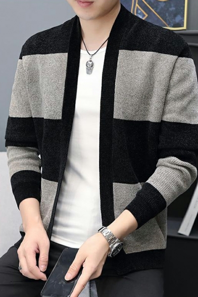 Guys Novelty Contrast Color Long-Sleeved Relaxed V-Neck Open Front Cardigan