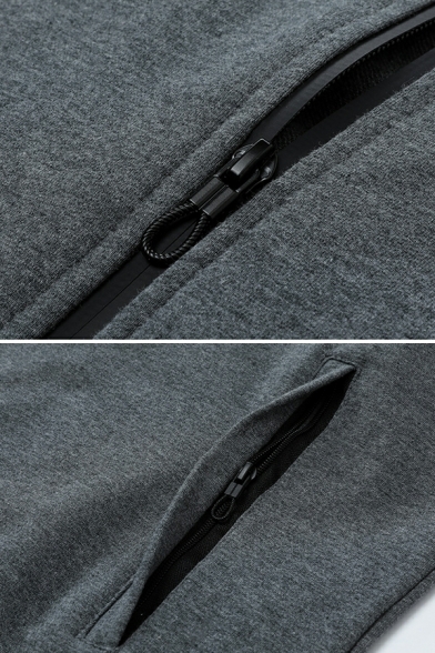 Guys Retro Pure Color Drawstring Hooded Pocket Long Sleeves Regular Zip Fly Hoodie