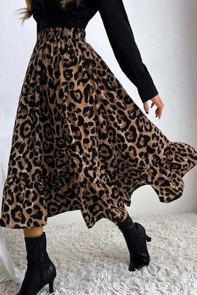 Street Style Leopard Print Maxi Length Pleated Design High Waist A-Line Skirt for Girls