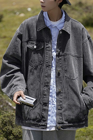 Urban Mens Solid Pocket Spread Collar Long Sleeve Loose Fit Button Placket Denim Jacket