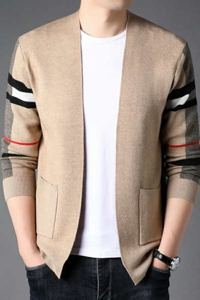 Cozy Mens Contrast Line Pocket Designed Long Sleeves Fitted Open Front Cardigan