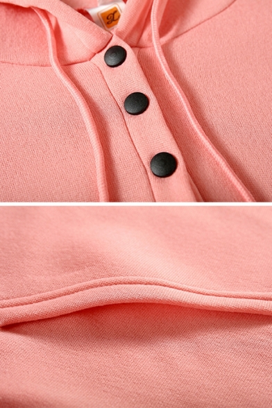 Dashing Girls Pure Color Regular Long Sleeve Pocket Hooded Drawstring Button-up Hoodie