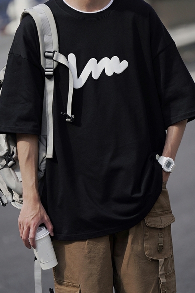 Fashion Boys Contrast Line Round Collar Half-sleeved Baggy T-shirt