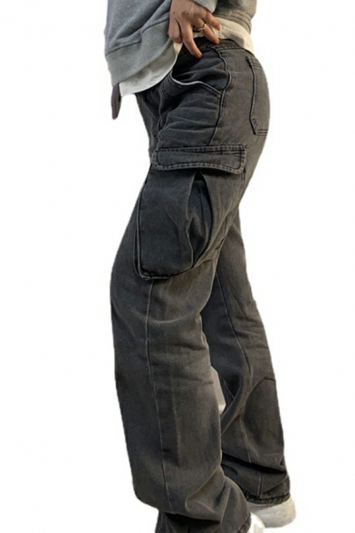 Girls Fancy Pure Color Pocket Detail Baggy Full Length Mid Rise Zipper Cargo Pants