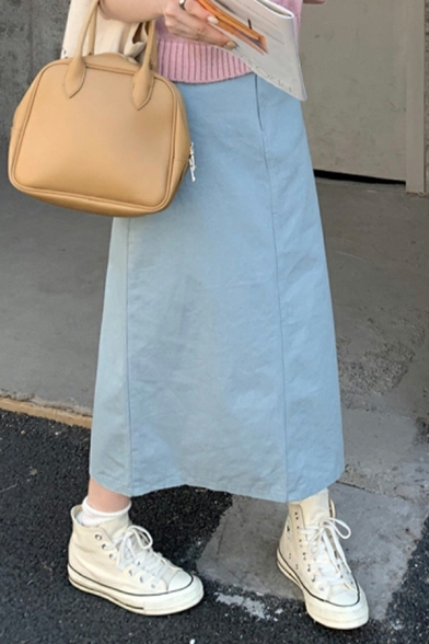Ladies Creative Whole Colored Zipper Maxi Length High Rise Split Back A-Line Skirt