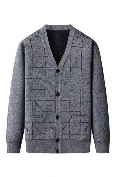 Modern Plaid Pattern Pocket Designed Long-Sleeved Fitted Button Fly Cardigan for Guys