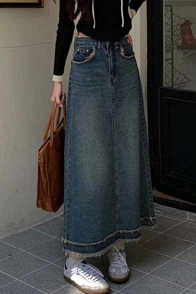 Modern Pure Color High Rise Long Length Pocket Zip down A-Line Denim Skirt for Ladies