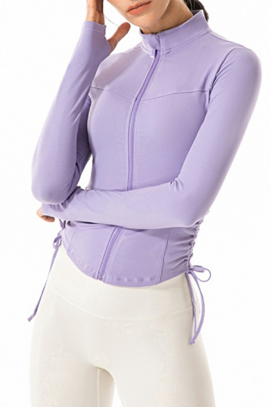 Retro Plain Ruched Designed Long Sleeves Slim Stand Collar Zip Closure Hoodie for Girls