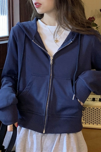 Cool Ladies Pure Color Long Sleeves Regular Hooded Zipper Drawcord Hoodie