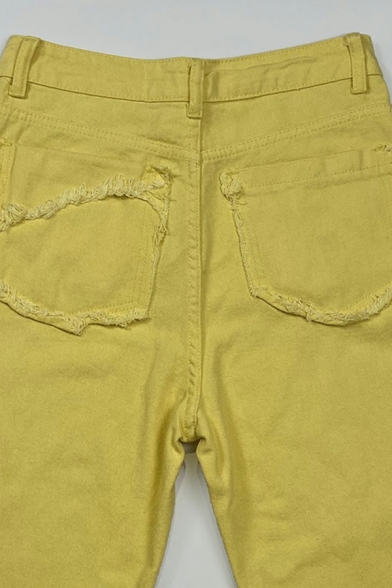 Cool Pure Color Broken Hole Mid Rise Long Length Regular Pants for Women