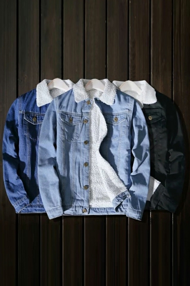 Guys Street Style Plain Front Pocket Spread Collar Long Sleeve Brushed Denim Jacket