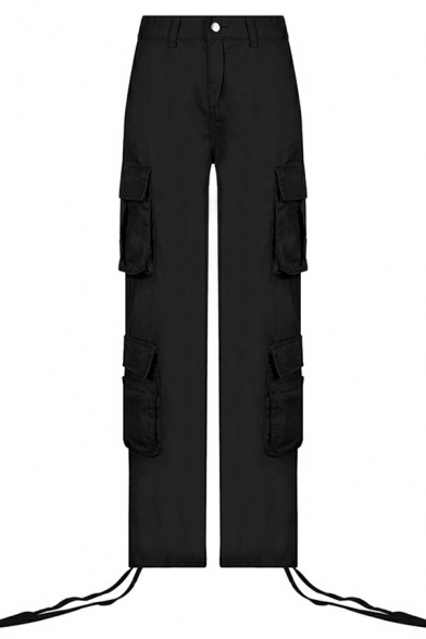 Ladies Boyish Pure Color Pocket Oversized Mid Rise Long Length Zipper Cargo Pants