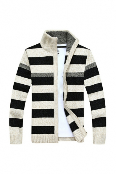 Stylish Striped Print Stand Collar Long-Sleeved Regular Zip Down Knitted Cardigan