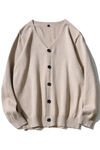 Urban Mens Whole Colored V Neck Long Sleeve Oversized Button Closure Cardigan