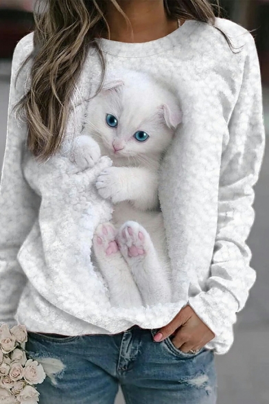 Vintage Girls 3D Cat Print Long-Sleeved Fitted Crew Collar Pullover Sweatshirt