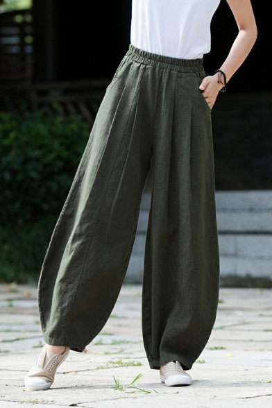 Fashionable Girls Solid Elasticated Waist Loose Fitted Mid Rise Full Length Wide Leg Pants