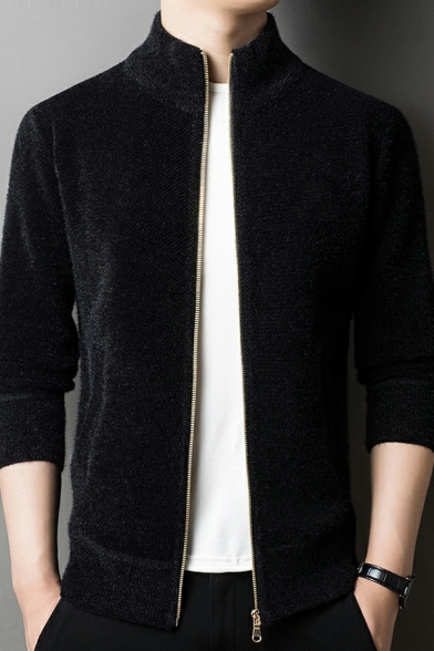 Guy's Casual Solid Stand Collar Long Sleeve Zip down Knitted Cardigan