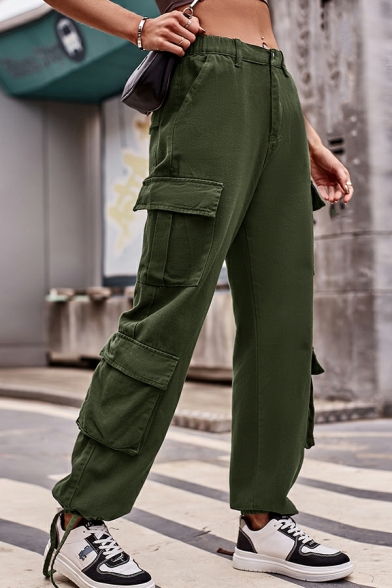 Original Ladies Whole Colored Mid Waist Flap Pocket Zip down Full Length Cargo Pants