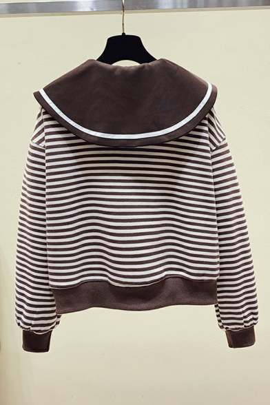 Simple Striped Printed Long Sleeve Regular Peter Pan Collar Zip Fly Sweatshirt for Girls