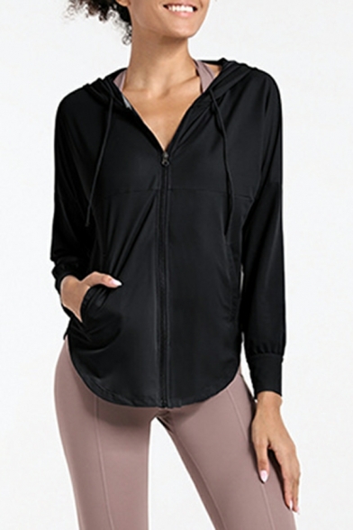 Hot Girl's Solid Color Regular Fit Long-Sleeved Zipper Hooded Drawstring Hoodie