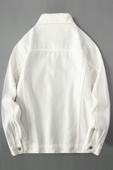 Hot Guy's Plain Chest Pocket Spread Collar Long Sleeve Loose Button Fly Denim Jacket