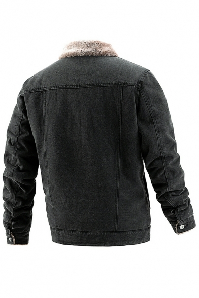 Hot Guy's Solid Chest Pocket Long Sleeve Slim Button Up Notched Neck Brushed Denim Jacket