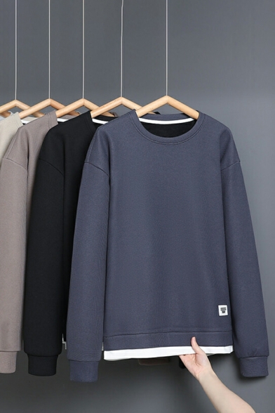Men Leisure Solid Color Long-sleeved Crew Neck Relaxed Fake Two Pieces Sweatshirt
