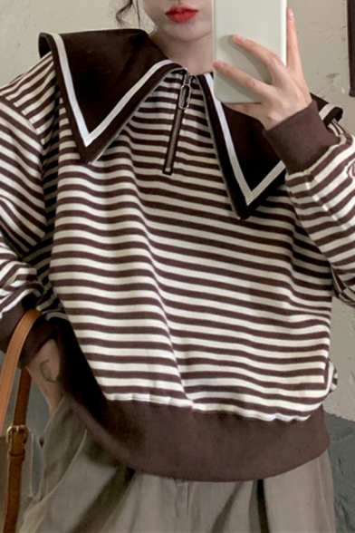 Simple Striped Printed Long Sleeve Regular Peter Pan Collar Zip Fly Sweatshirt for Girls