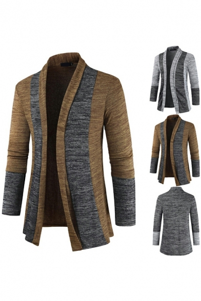 Unique Color Block Stand Collar Long Sleeve Slim Fitted Open Front Cardigan for Guys