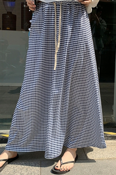 Unique Girls Checked Pattern Drawstring Elastic Waist Maxi Length High Rise A-Line Skirt