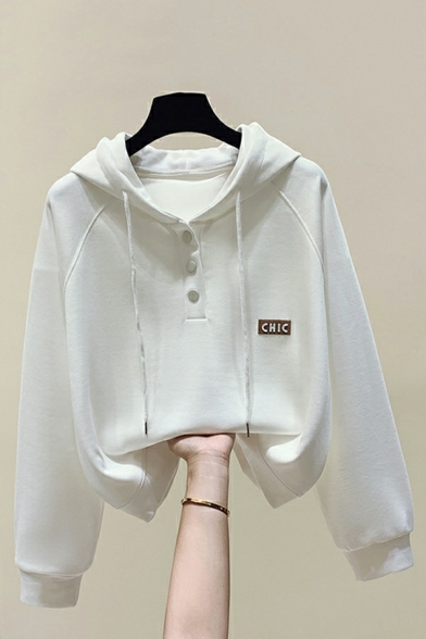 Women Fashionable Plain Hooded Button Detailed Long-Sleeved Drawstring Hoodie