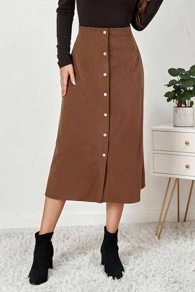 Women Retro Solid Button Detail Regular High Waist A-Line Corduroy Skirt