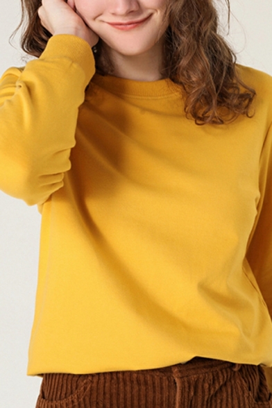 Women Urban Solid Round Neck Fitted Long-Sleeved Pullover Sweatshirt