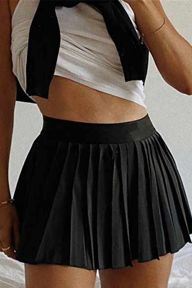Classic Girls Solid Color High Rise Mini Length Elastic Waist Pleated Skirt