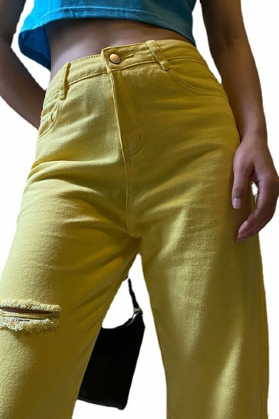 Cool Pure Color Broken Hole Mid Rise Long Length Regular Pants for Women