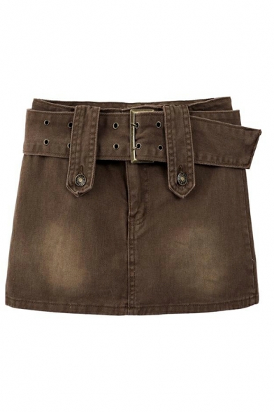 Original Women Solid Belt Design High Waist Mini Zip Placket A-Line Denim Skirt
