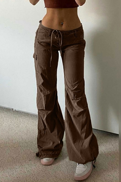 Street Style Pure Color Pocket Mid Rise Full Length Drawcord Baggy Pants for Ladies