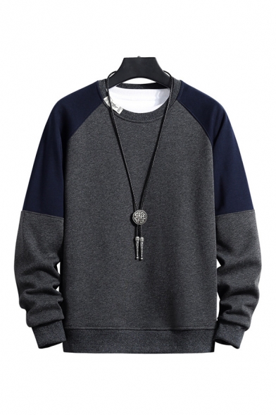 Basic Color Block Long-Sleeved Round Collar Regular Fitted Pullover Sweatshirt for Men