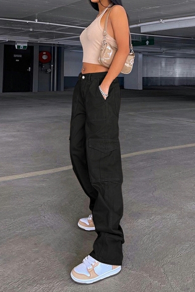 Casual Solid Color Mid Waist Loose Fit Pocket Long Length Zip-up Cargo Pants for Girls