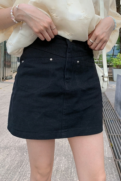 Dashing Pure Color High Waist Pocket Decoration Mini Button Fly A-Line Skirt for Women