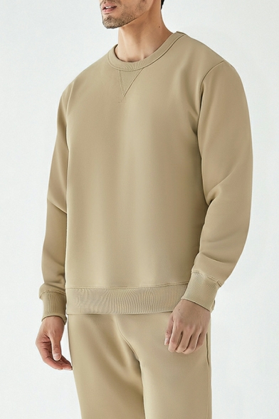 Elegant Plain Ribbed Hem Long-Sleeved Loose Fit Crew Collar Pullover Sweatshirt for Men