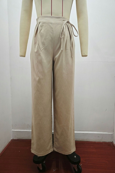 Fashionable Plain Drawstring High Rise Pocket Long Length Pants for Girls