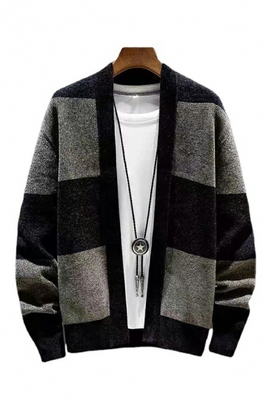 Guys Novelty Contrast Color Long-Sleeved Relaxed V-Neck Open Front Cardigan