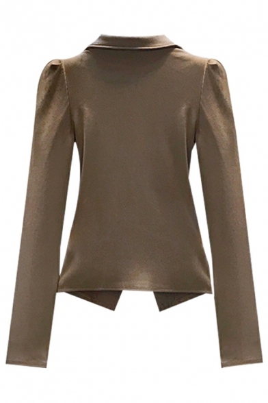 Original Ladies Pure Color Long Sleeve Spread Collar Skinny Zip Closure Polo Shirt