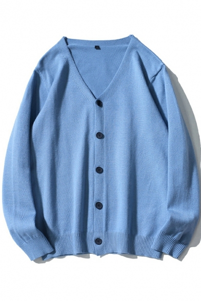 Urban Mens Whole Colored V Neck Long Sleeve Oversized Button Closure Cardigan