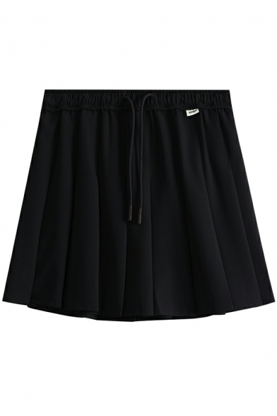 Women Retro Solid Drawstring Detail Fitted High Rise Mini Length Pleated Skirt