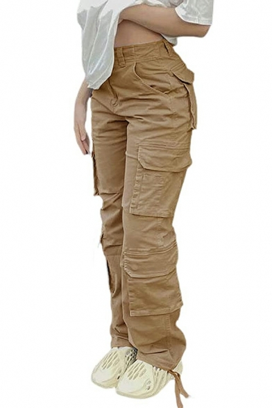 Women Trendy Whole Colored Pocket Mid Waist Long Length Zip down Cargo Pants